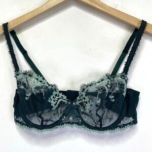Simone Perle Wish Floral Embroidered Demi Bra Sz 36C Sheer Kolsai Green Jaquard